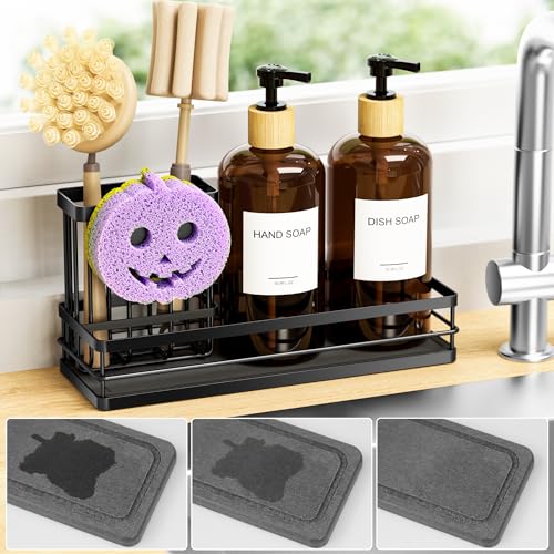Moforoco Kitchen Dish Soap Dispenser Set, 16OZ Glass Bottle, Hand and Dish Soap Dispenser Set, Instant Dry Tray, Brush Holder with Smiley Face Sponge Holder (Black Tray+Amber Bottle+Labels) - color: Black Tray+amber Bottle+labels