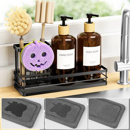Moforoco Kitchen Dish Soap Dispenser Set, 16OZ Glass Bottle, Hand and Dish Soap Dispenser Set, Instant Dry Tray, Brush Holder with Smiley Face Sponge Holder (Black Tray+Amber Bottle+Labels) - color: Black Tray+amber Bottle+labels