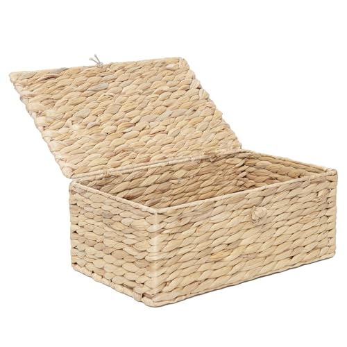 Woven Wicker Hyacinth Basket with Lid Storage Organizer | Rectangular Rattan Decorative Basket for Countertop, Picnic, Gifts, Home Office, Blankets, Snacks & Papers - color: water hyacinth