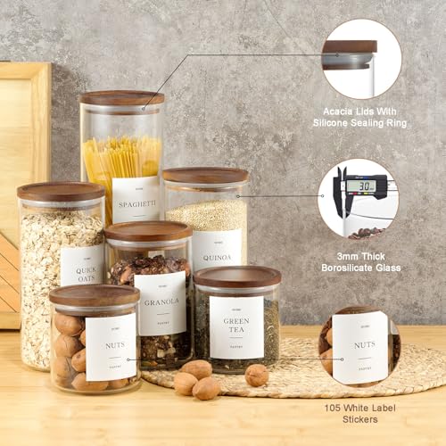 2 Pack Glass Containers with Acacia Lids, 70oz Pantry Airtight Storage Jars | Large Kitchen Canisters with 105 Labels, Pantry Food Storage Containers with Wood Lids for Pasta, Flour, Rice, Cereal - size: 70oz 2 Pack