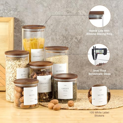 2 Pack Glass Containers with Acacia Lids, 70oz Pantry Airtight Storage Jars | Large Kitchen Canisters with 105 Labels, Pantry Food Storage Containers with Wood Lids for Pasta, Flour, Rice, Cereal - size: 70oz 2 Pack