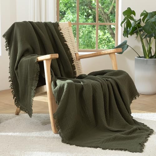MooMee 100% Cotton Muslin Blanket, Fringed 4-Layer Gauze Bed Couch Throw | Soft Breathable Lightweight Thin Coverlet Summer Blankets for Adults, Bed & Couch All Seasons, Olive Green, 50" x 60" - color: Olive Green, size: Throw