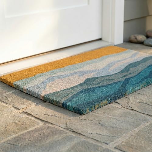 Fab Habitat Geometric Abstract Nature Non Slip Doormat Thin - Natural Coir & Rubber - Entryway, Double Door, Porch, Patio - Shades of Sea Blue (18" x 30" Non-Slip) - color: Shades of Sea - Blue, size: Large (18 x 30 inch) - Extra Thin, Low Profile