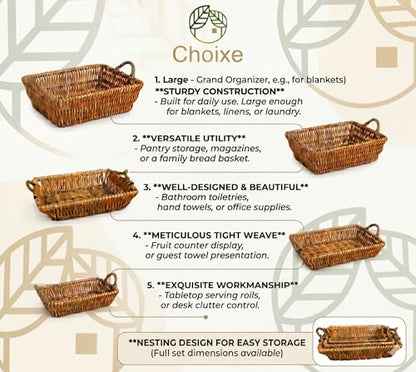 Wicker Nesting Baskets with Handles, Natural Brown, Willow, Farmhouse Style, Set of 5, Multi-Purpose Home Organizer