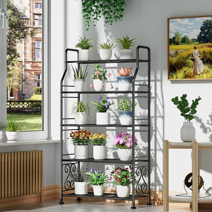 GIOTORENT Plant Stand Outdoor Indoor 5 Tier Metal Waterproof - 53.2" Plant Shelf for Patio, Balcony, Living Room, Large Capacity Tiered Plant Rack, Black - size: C-5Tier