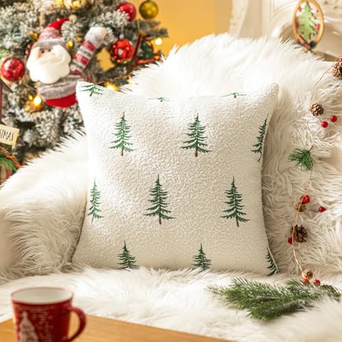 1 Pack Christmas Tree Throw Pillow Covers 18"x18" White Boucle Pillow Cases with 3D Embroidery Decorative Holiday Winter Thanksgiving Decorations for Couch Sofa Living Room - color: Xmas Tree
