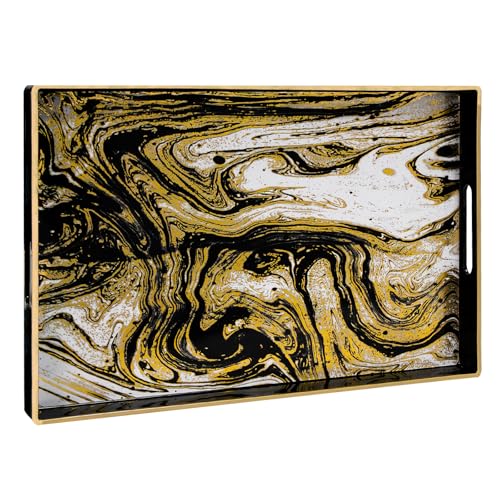 Plastic Serving Tray with Handles, Rectangle Black Decorative Tray | Coffee Table Tray, Rectangular Marbling Sticker Tray, Modern Melamine Tray for Ottoman, Bathroom, 15.7"L x 10.2"W x 1.57"H - color: Rectangular - Black - Marbling, size: 15.7" x 10.2" x