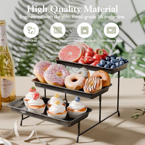 Bumusty 3-Tier Melamine Serving Tray Set, 11.5 x 5.6 in, Black Platters | Melamine Reusable Platters with Metal Display Stand for Cupcakes, Desserts, Fruit, Cookies, Parties, Birthdays and Holidays - color: Black Stand, size: 11.8" x 5.7"