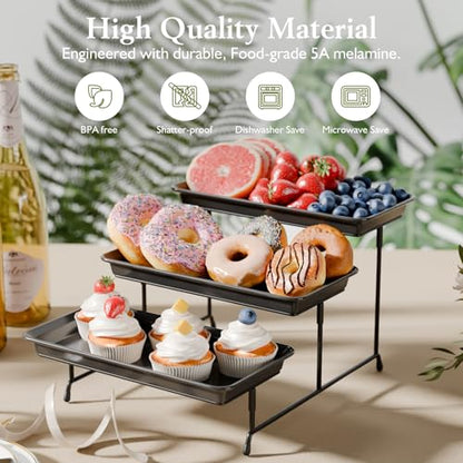 Bumusty 3-Tier Melamine Serving Tray Set, 11.5 x 5.6 in, Black Platters | Melamine Reusable Platters with Metal Display Stand for Cupcakes, Desserts, Fruit, Cookies, Parties, Birthdays and Holidays - color: Black Stand, size: 11.8" x 5.7"