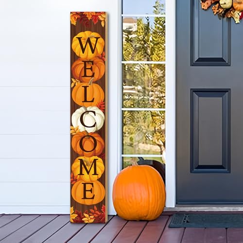 47" Fall Wooden Porch Sign Vertical Fall Welcome Standing Signs Pumpkin Leaves Standing Welcome Porch Sign for Outdoor Autumn Thanksgiving Harvest Home Garden Yard Farmhouse Front Door Decor