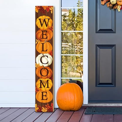 47" Fall Wooden Porch Sign Vertical Fall Welcome Standing Signs Pumpkin Leaves Standing Welcome Porch Sign for Outdoor Autumn Thanksgiving Harvest Home Garden Yard Farmhouse Front Door Decor