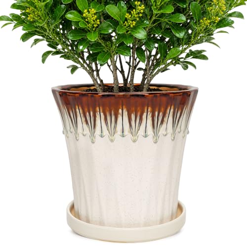 10 Inch Ceramic Planters with Drainage Hole and Saucer,Indoor Outdoor Large Flower Pots, Garden Pot for Plant Lovers (Drip White) - color: Drip White, size: 10 Inch