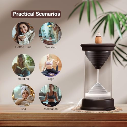 Hourglass Backflow Incense Burner Waterfall Incense Holder Bracket Glass Windproof Cover Provides 20 Counter Flow Incense Cones for Yoga Office Home Decoration Odor Elimination
