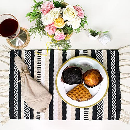 Black, Cream, White Boho Placemats (Set of 4) | Cotton Farmhouse Placemats 13x19 Inches| Machine Washable, Durable and Easy to Combine - color: Ivory-black, size: 13x19 Inch.