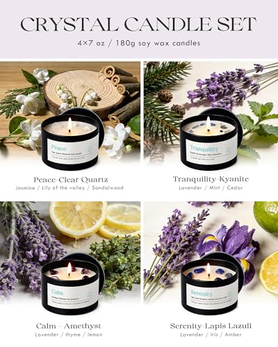 AOOVOO Crystal Calm Candles Set for Women - Soy Candle for Home Scented | 4 Pack 26 oz, 200 Hour Long Lasting Candle, Peace Clear Quartz/Tranquility Kyanite/Calm Amethyst/Serenity Lapis Lazuli - color: Calm Candles Set