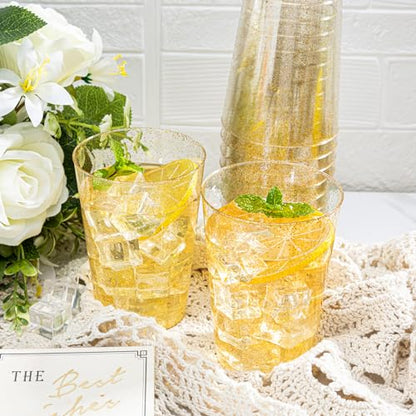 I00000 50 Pack 12 oz Gold Glitter Cups, Premium Clear Disposable Gold Cups | Gold Plastic Wine Glasses, Cocktail Glasses, Heavy Duty, Elegant Glitter Plastic Tumblers for Birthday, Wedding & Party - color: Glitter-12oz-50