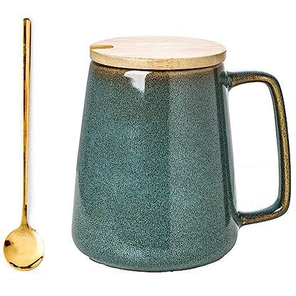 Large Ceramics Coffee Mugs,24 OZ,With Spoon And Wooden Lid,For Coffee,Tea,Cocoa,Large Handle Design,Microwave And Dishwasher Safe(Color:24 oz green set) - color: 24 oz green set