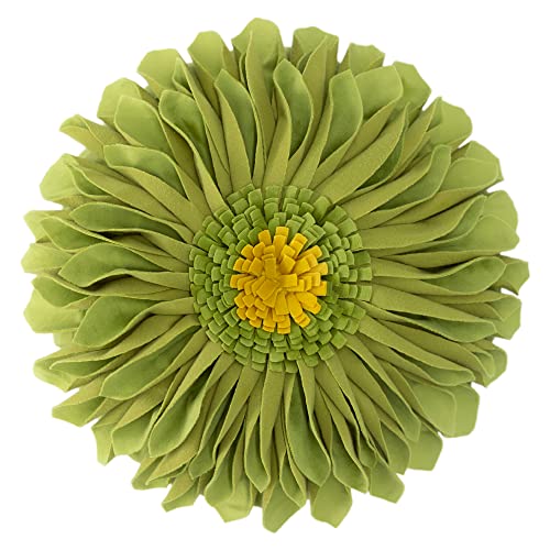 JWH 3D Flower Throw Pillow Cover, Velvet, Green Yellow, 12 Inch | Round Floral Cushion, Sunflower Accent, Handmade, Decorative Pops for Bed Couch Sofa Chair Car Living Room