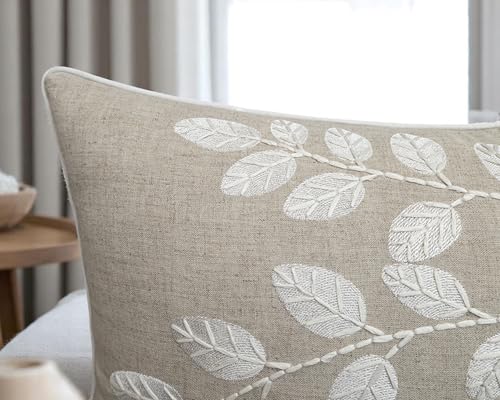 Rudransha Hand Embroidered Linen Lumbar Pillow Cover - 12x20 Natural Botanical Leaf Accent - Hazel Leaves - color: Natural-hazel, size: 20" x 12" (Pack of 1)