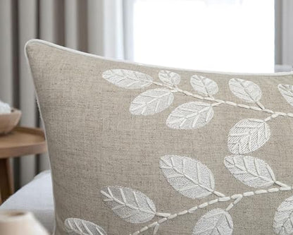 Rudransha Hand Embroidered Linen Lumbar Pillow Cover - 12x20 Natural Botanical Leaf Accent - Hazel Leaves - color: Natural-hazel, size: 20" x 12" (Pack of 1)