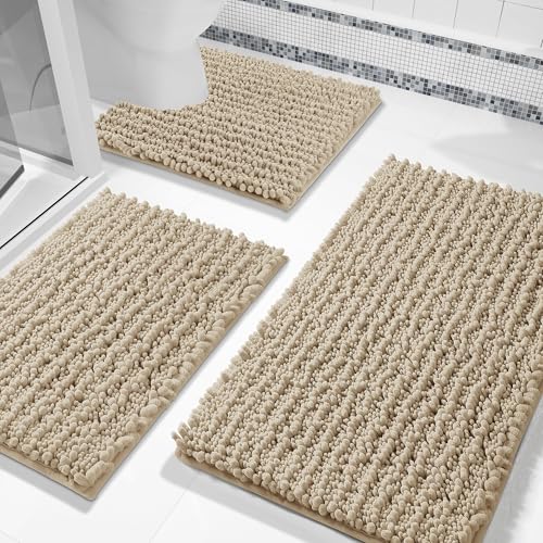 Yimobra Bathroom Rug Set 3 Piece - Super Absorbent Quick Dry Chenille Bath Mats & Toilet Rug, Non Slip Machine Washable, Extra Thick Shaggy Floor Mat for Shower Tub Sink, Camel - color: Camel, size: 24"x17" + 24"x20" + 30"x20"