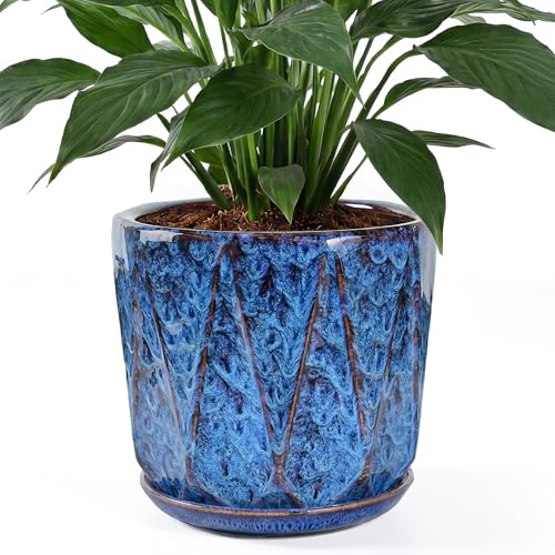 10 Inch Ceramic Plant Pot with Drainage Hole Mesh Net, Large Flower Pots for Indoor Plants with Saucer, Gardening Pots Outdoor, Blue - color: Peacock Blue, size: 10 Inch