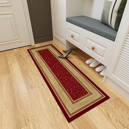 Ottomanson 2x5 Kitchen Rug Runner – Non-Slip Entryway Rug - color: Border Red, size: 1'8" x 4'5" (Runner)
