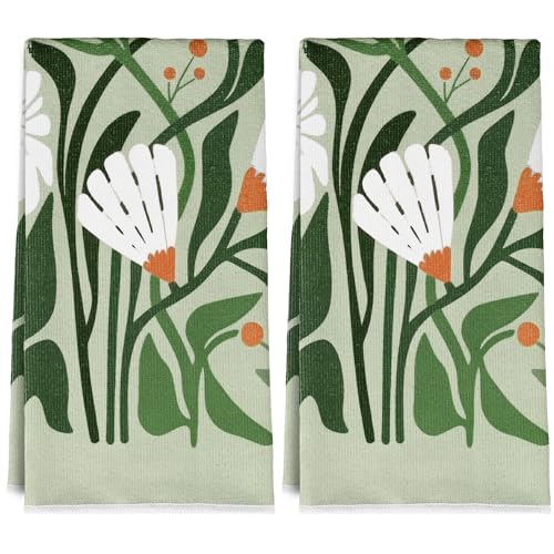 Boho Sage Green Kitchen Towels 16x24 Inch Set of 2 - Absorbent Retro 70s Floral Dish Towels, Mid Century Modern Cotton Hand Towels for Bathroom - color: Boho Floral