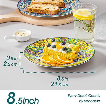 vancasso Salad Plates Set of 6, 8.5 Inch Ceramic, Microwave Safe | Dessert and Small Dinner Plates, Colorful Bohemian Style Plates for Kitchen - size: 8.5in