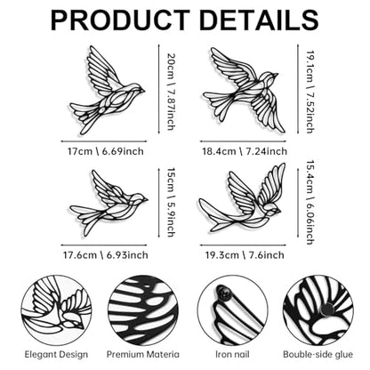 Hnatzu Black Sparrow Metal Bird Wall Art, Set of 4 Flying Birds for Indoor and Garden, Living Room & Kitchen Decor