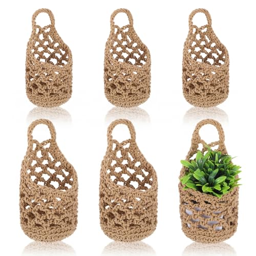 6 Pcs Macrame Hanging Planter Set - 3 Small (5.3"x9") & 3 Mini (4.3"x7.9") Boho Wall Mounted Cotton Baskets for Indoor Plants, Linen Color, Plants & Pots Not Included
