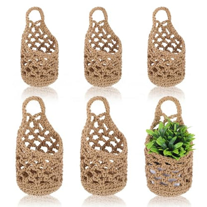 6 Pcs Macrame Hanging Planter Set - 3 Small (5.3"x9") & 3 Mini (4.3"x7.9") Boho Wall Mounted Cotton Baskets for Indoor Plants, Linen Color, Plants & Pots Not Included