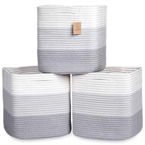 NaturalCozy 13 Inch Cube Storage Bins Cotton Rope Woven Baskets for Organizing 3-Pack | 13 x 13 Storage Cubes | Fabric Square Storage Baskets for Shelves Organizer, Kids Toy Bins, Closet Baby Nursery - color: 3-Tone Gray, size: 13 x 13 x 13 (Standard)