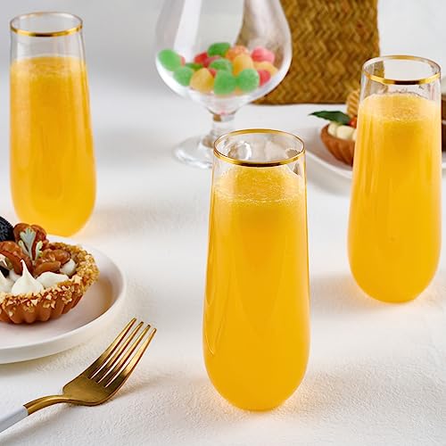 FOCUSLINE 24 Pack 9 Oz Plastic Stemless Gold Rim Champagne Flutes, Heavy Duty, Shatterproof, Disposable & Reusable Crystal Clear Toasting Glasses - color: Gold Rim Plastic Champagne Flutes
