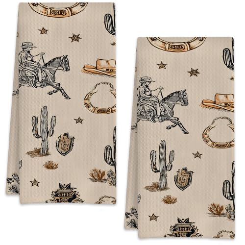 Cowboy Bull Head Cactus Hand Towels for Bathroom Set of 2,Soft Absorbent Waffle Weave Kitchen Towels Dish Towel,Decorative Bathroom Towel for Kitchen Yoga Home Decor 16X24 Inch - color: Cowboy Bull Head Cactus