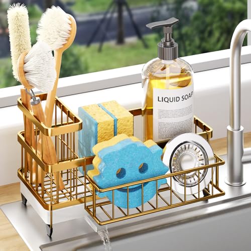Consumest Sponge Holder for Kitchen Sink - Auto Draining Sink Caddy Organizer with Detachable Rack, High Brush Holder, Kitchen Countertop Storage Accessories, Gold - color: Gold, size: Large