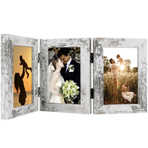Golden State Art, 4x6 Triple Frame Distressed White- Real Glass, 1 Pack | Trifold Photo Frame Vertical Display for Desktop - Three Folding Picture Collage - color: Weathered White, size: 4x6(1 Pack)