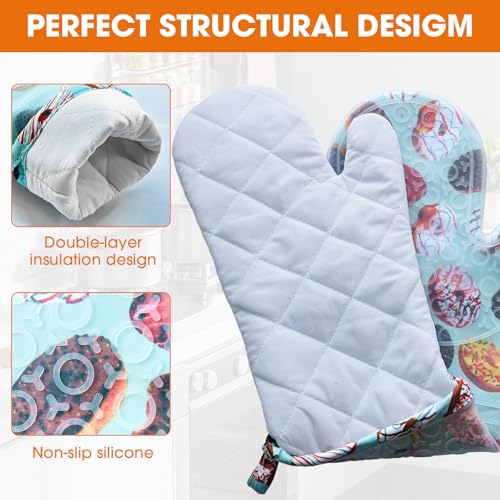 Silicone Oven Mitts Set Heat Resistant 2PCS Kitchen Mittens with Soft Cotton Lining Long Waterproof Non-Slip Oven Gloves for Cooking, BBQ, Baking-Donut - color: Donut