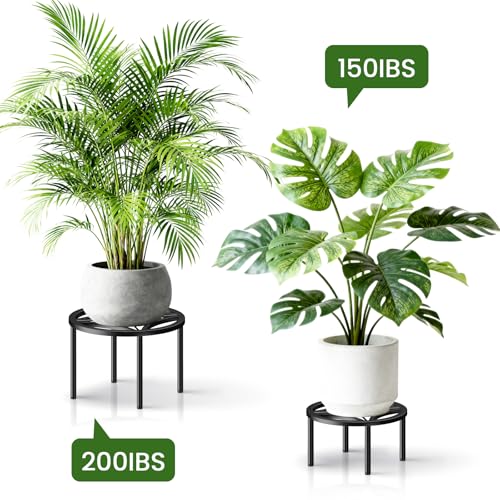 TOSKING 3-Pack Fully Assembled Heavy Duty Low Metal Plant Stand for Indoor & Outdoor – Original Geometric Flower Pot Holder for Heavy Potted Plant, Rustproof Iron Riser with Adjustable Feet, 200 LBS & 150 LBS, No Installation, Black (10.24" & 8.66" Dia) -