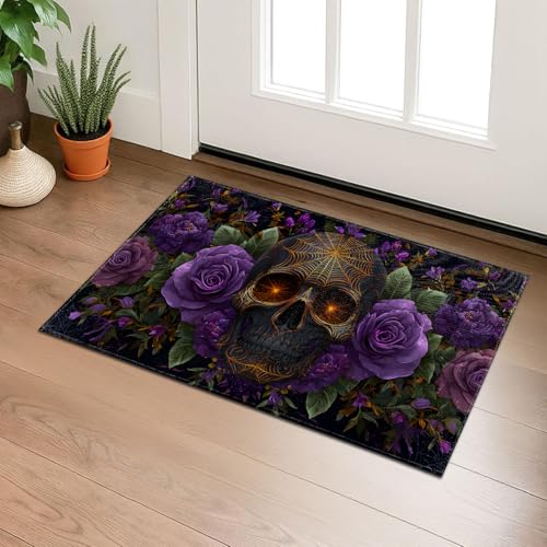 Gothic Skull Indoor Door Mat, Purple Roses Halloween Welcome 29.5"×17" Non-Woven Floor Mat, Non-Slip Doormat Rug for Front Door, Porch, Bathroom, Kitchen, Home Decor, Gifts - color: 08