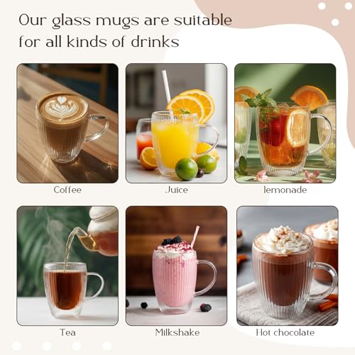 Zhehao 6 Pack Double Wall Glass Coffee Mugs with Handle 12 oz Clear Coffee Cups with Handle Insulated Glass Espresso Mugs Tea Cups for Latte Cappuccino Hot Chocolate