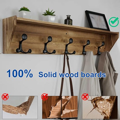WEBI Wall Shelf with Hooks Underneath,35" Long Wall Mounted Coat Rack with Shelf,Entryway Coat Rack with 5 Triple Hooks for Hanging Coats,Jacket,Hallway,Bedroom,Mudroom,Brown - color: Brown, size: 35 Inch