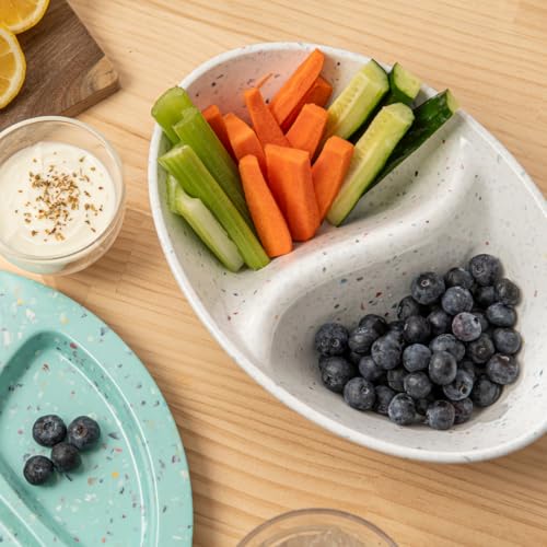 Confetti Divided Bowl Set of 2, 100% Melamine BPA-Free Stackable Unbreakable Bowls with Two Compartments, Ideal for Snacks, Chips & Dips, Cereal, Dishwasher-Safe Color: White - color: Confetti White