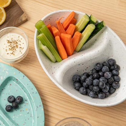 Confetti Divided Bowl Set of 2, 100% Melamine BPA-Free Stackable Unbreakable Bowls with Two Compartments, Ideal for Snacks, Chips & Dips, Cereal, Dishwasher-Safe Color: White - color: Confetti White