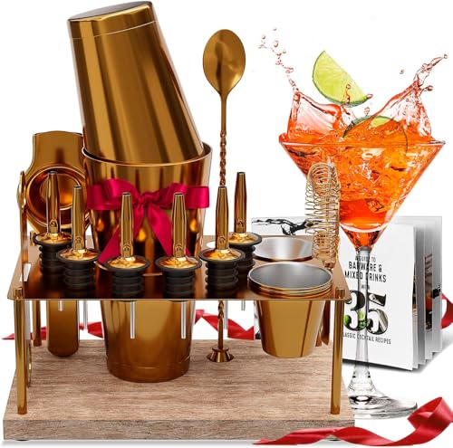 Bar Set Cocktail Shaker Set Bartender Kit, 17 Piece Gold Cocktail Set, Mixology Bartender Kit with Wood Stand, Steel Cocktail Kit, Bar Accessories: 30oz Martini Shaker, Muddler, Cocktail Book & More - color: Gold, size: 16 Piece + Stand
