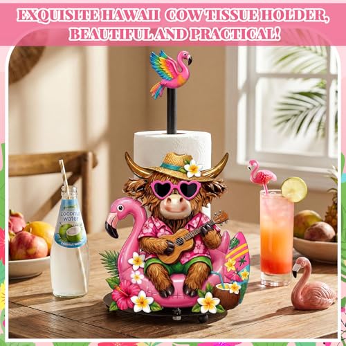 Hawaiian Flamingo Paper Towel Holder, Summer Flamingo Highland Cow Kitchen Decor Tropical Metal Towel Holder Stand with Round Base, Bathroom Countertop Decor for Luau Party Home - style: Flamingo
