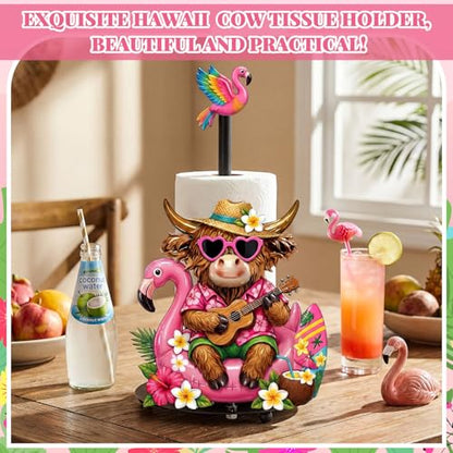 Hawaiian Flamingo Paper Towel Holder, Summer Flamingo Highland Cow Kitchen Decor Tropical Metal Towel Holder Stand with Round Base, Bathroom Countertop Decor for Luau Party Home - style: Flamingo