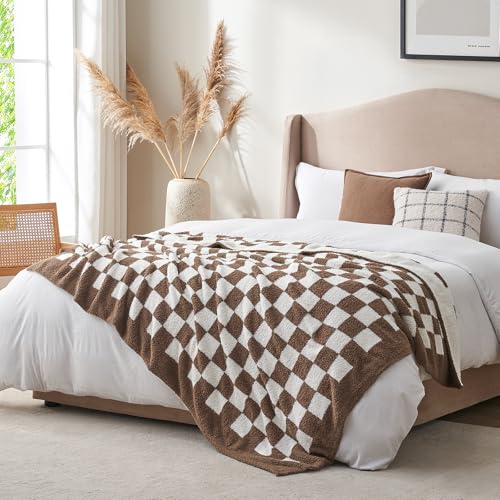 Snuggle Sac Checkered Bedding Blanket Twin Size 60x80, Super Soft Cozy Warm Knit Blankets, Reversible Breathable Lightweight Fluffy Throws for Sofa Bed, Checkered Brown, 60x80 Inches - color: Checkered Brown, size: Twin(60"x 80")