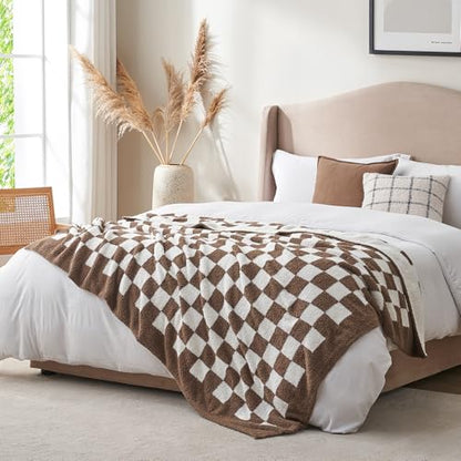 Snuggle Sac Checkered Bedding Blanket Twin Size 60x80, Super Soft Cozy Warm Knit Blankets, Reversible Breathable Lightweight Fluffy Throws for Sofa Bed, Checkered Brown, 60x80 Inches - color: Checkered Brown, size: Twin(60"x 80")