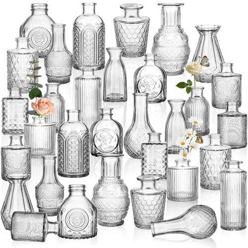 32 PCS Assorted Vintage Bud Vases, Colorful Glass Small Vases Bulk, for Centerpieces, Wedding Table Decor, Home Decorations & Gifts (Clear Series) - color: 32pcs